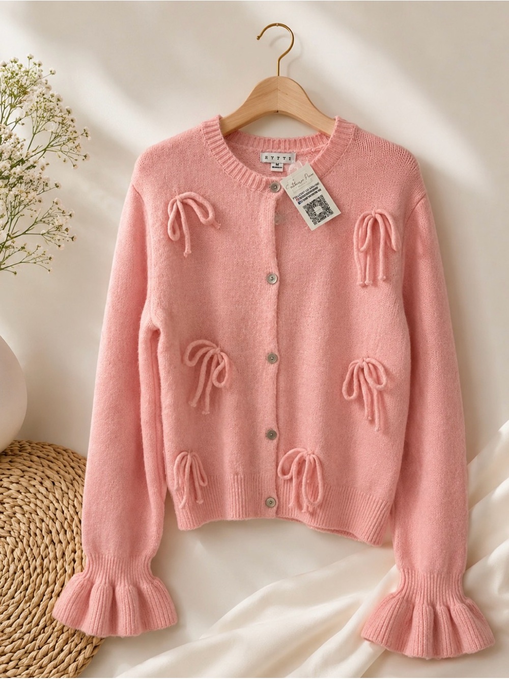 Nynke Pink Bow-Accent Knit Cardigan